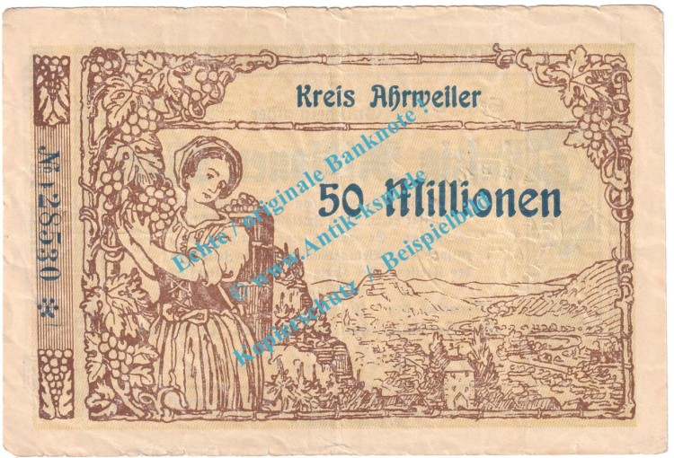 Ahrweiler , Notgeld 50 Millionen Mark -Wz- in gbr. Keller 28.a , Rheinland 1923 Grossnotgeld Inflation