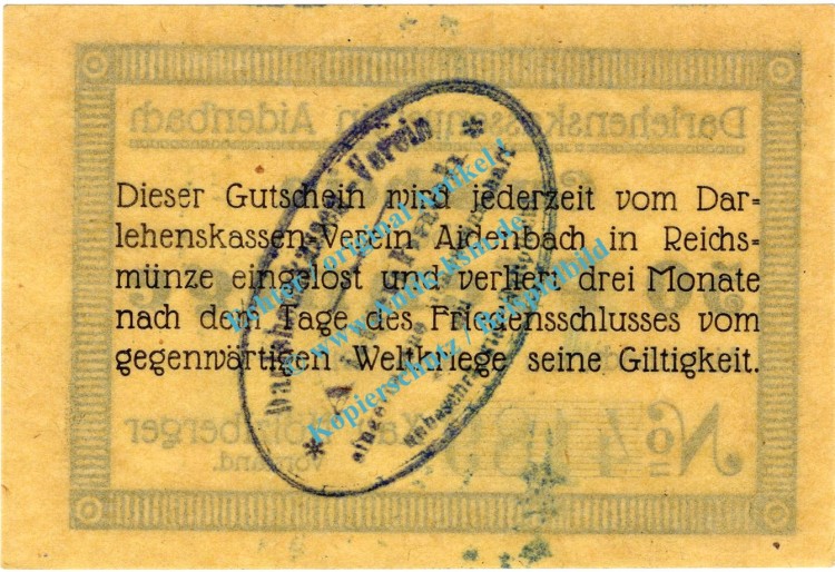 Aidenbach , Notgeld 50 Pfennig -Strichrahmen- in kfr. Tieste 0025.05.02 , Bayern 1917 Verkehrsausgabe