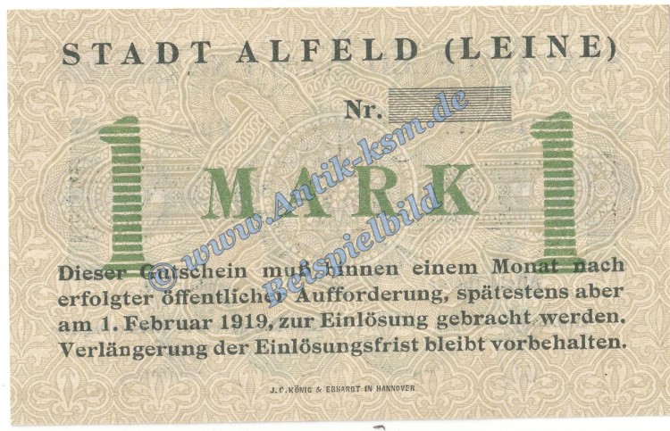 Alfeld , Banknote 1 Mark MUSTER-Schein in kfr. Geiger 007.01.M , Niedersachsen 1918 Grossnotgeld