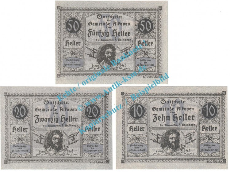 Alkoven , Notgeld Set mit 3 Scheinen in kfr. K-K 18.a , Oberösterreich o.D.