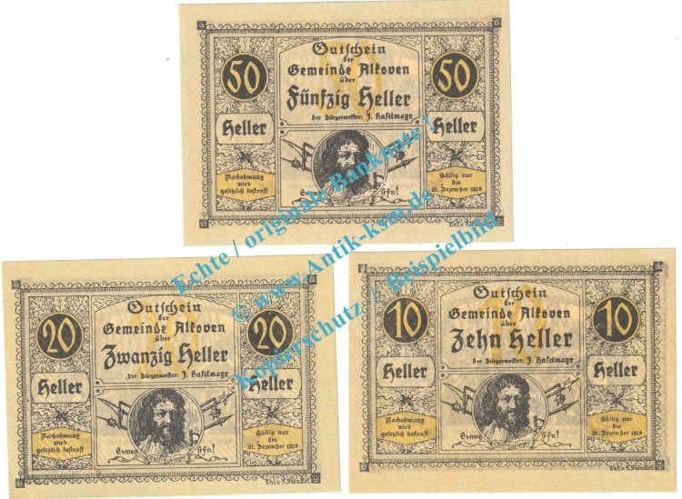 Alkoven , Notgeld Set mit 3 Scheinen in kfr. K-K 18.b , Oberösterreich o.D.