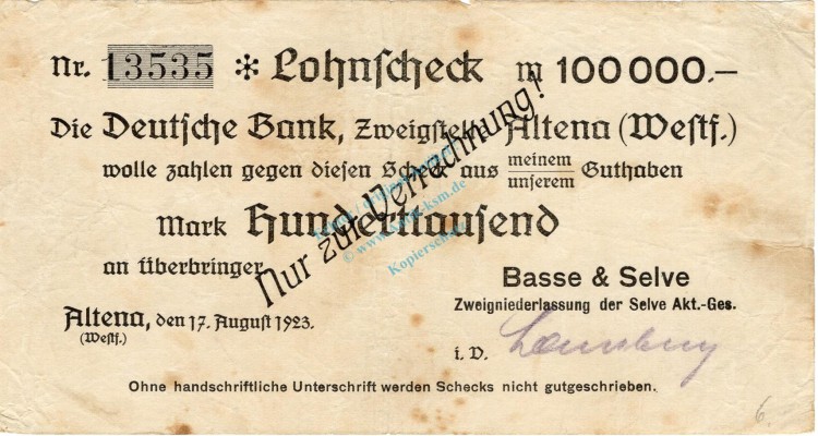 Altena , Banknote 100.000 Mark Scheck gbr. Topp 19.o , Westfalen 1923 Inflation