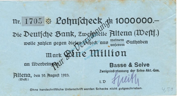 Altena , Banknote 1 Million Mark Scheck gbr. Topp 19.g , Westfalen 1923 Inflation