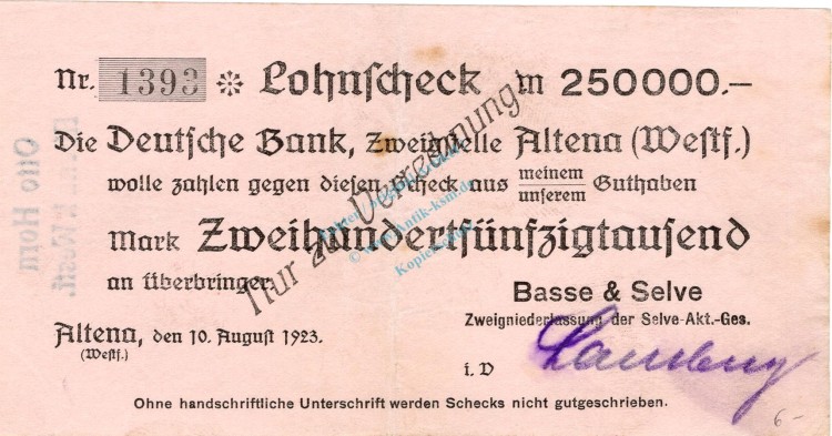 Altena , Banknote 250.000 Mark Scheck gbr. Topp 19.e , Westfalen 1923 Inflation