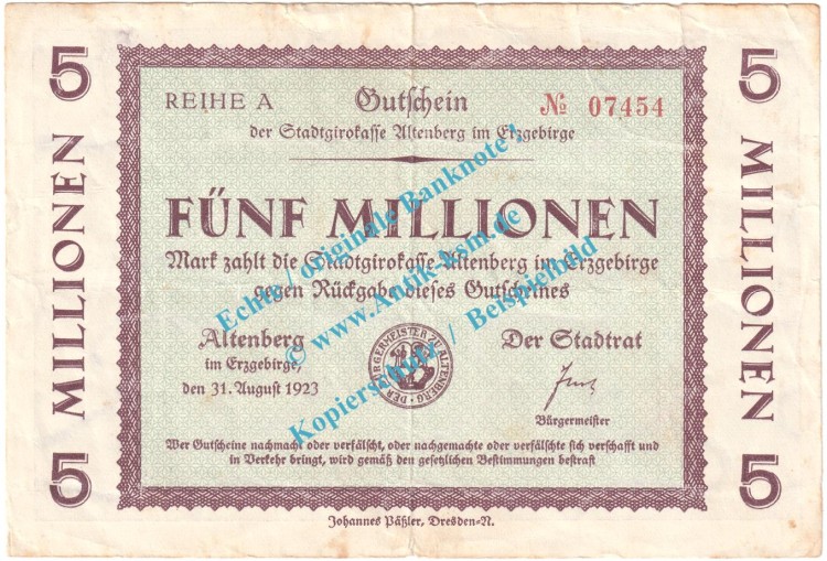 Altenberg , Notgeld 5 Millionen Mark Schein in gbr. Bühn 0040.31 , Sachsen 1923 Grossnotgeld Inflation