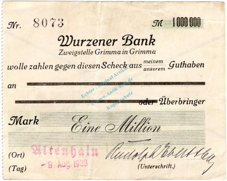 Altenhain , Banknote 1 Million Mark -- LP -- gbr. Bühn 2116.AM.1 , Sachsen 1923 Inflation