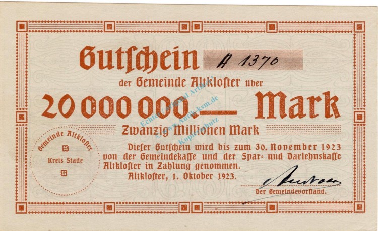 Altkloster , Banknote 20 Millionen Mark Schein unc-kfr. Keller 74.a , Niedersachsen 1923 Inflation