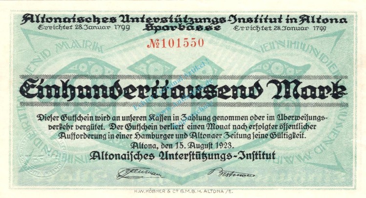 Altona , Banknote 100.000 Mark Schein unc-kfr. Keller 81.a , Schleswig 1923 Inflation
