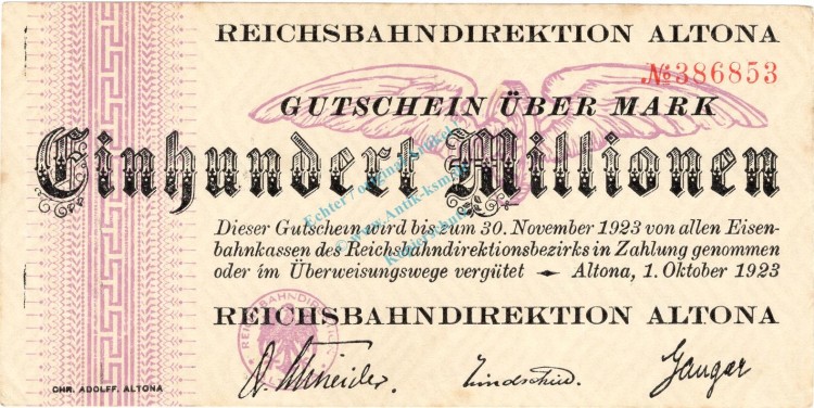 Altona , Banknote 100 Millionen Mark Schein in unc-kfr. Keller 80.i , Schleswig 1923 Inflation