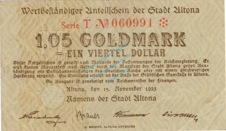 Altona , Banknote 1,05 Goldmark Schein gbr. Müller 50.1.a-f , Hamburg 1923 WertbeständigAltona , Banknote 1,05 Goldmark Schein gbr. Müller 50.1.a-f , Hamburg 1923 Wertbeständig