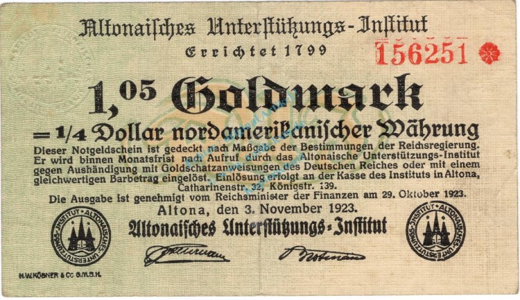 Altona , Banknote 1,05 Goldmark Schein gbr. Müller 55.2 , Hamburg 1923 Wertbeständig
