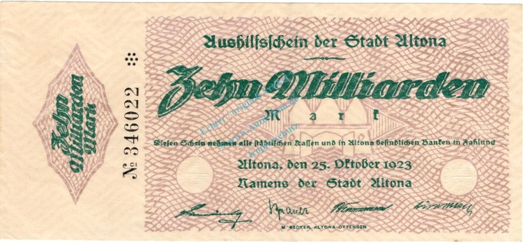 Altona , Banknote 10 Milliarden Mark Schein F-kfr. Keller 79.h , Schleswig 1923 Inflation