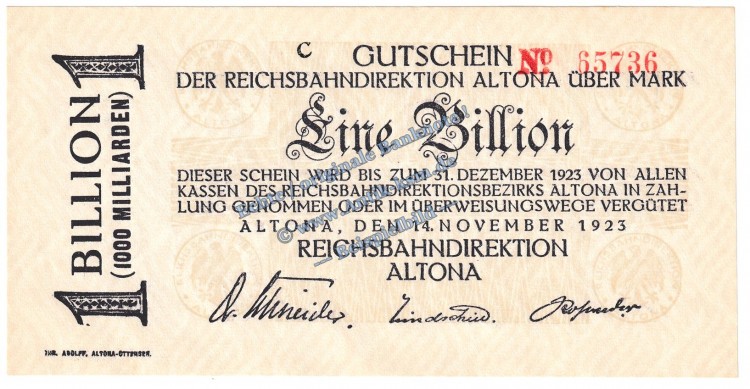 Altona , Banknote 1 Billion Mark Schein in kfr. Keller 80.p , Schleswig Holstein 1923 Grossnotgeld - Inflation