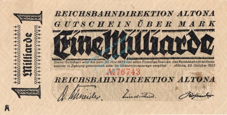 Altona , Banknote 1 Milliarde Mark Schein in L-gbr. Keller 80.k , Schleswig 1923 Inflation