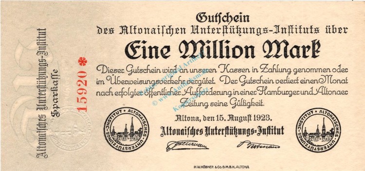 Altona , Banknote 1 Million Mark Schein unc-kfr. Keller 81.c , Schleswig 1923 Inflation