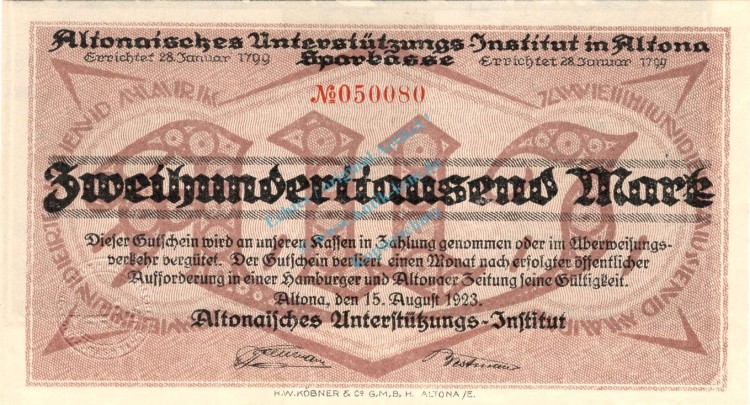 Altona , Banknote 200.000 Mark -Fehldruck- unc-kfr. Keller 81.b , Schleswig 1923 Inflation