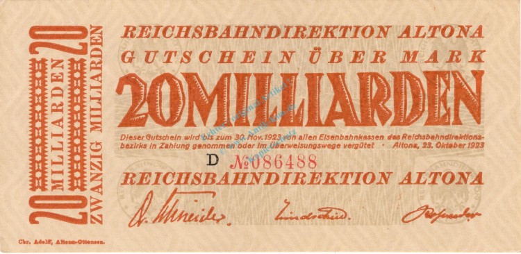 Altona , Banknote 20 Milliarden Mark Schein in unc-kfr. Keller 80.k , Schleswig 1923 Inflation