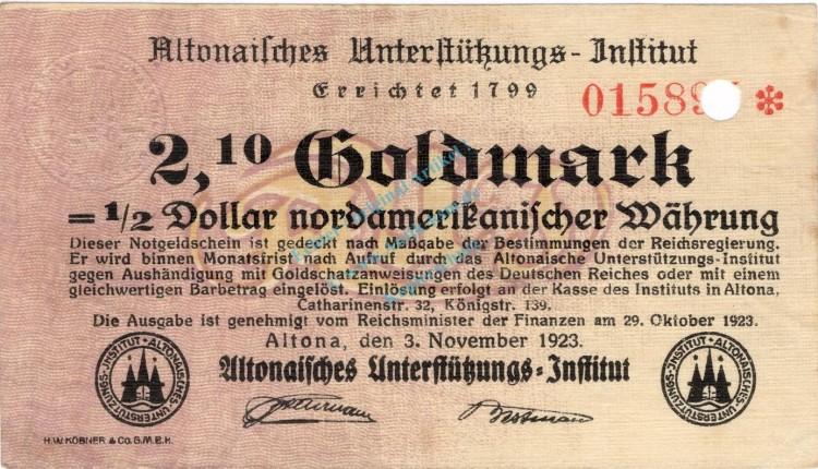 Altona , Banknote 2,10 Goldmark Schein gbr.E , Müller 55.5 , Hamburg 1923 Wertbeständig