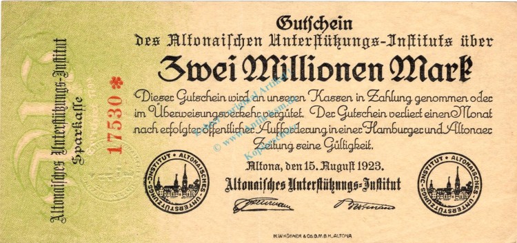 Altona , Banknote 2 Millionen Mark Schein L-gbr. Keller 81.c , Schleswig 1923 Inflation