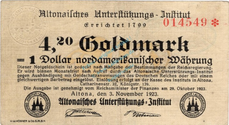 Altona , Banknote 4,20 Goldmark Schein gbr.E , Müller 55.6 , Hamburg 1923 Wertbeständig
