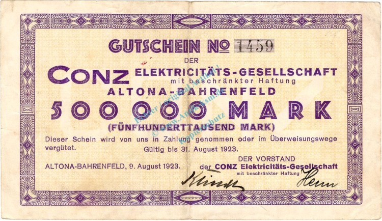 Altona , Banknote 500.000 Mark gbr. Keller 082.a , Schleswig Holstein 1923 Inflation