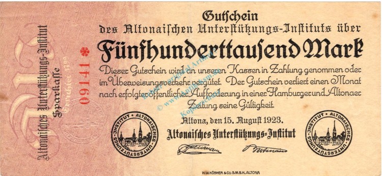 Altona , Banknote 500.000 Mark Schein gbr. Keller 81.c , Schleswig 1923 Inflation