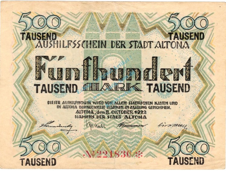 Altona , Banknote 500.000 Mark Schein L-gbr. Keller 79.a , Schleswig 1923 Inflation