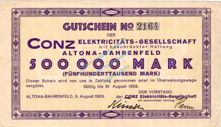 Altona , Banknote 500.000 Mark Schein L-gbr. Keller 82.a , Schleswig 1923 Inflation