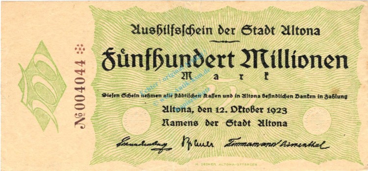 Altona , Banknote 500 Millionen Mark Schein gbr. Keller 79.g , Schleswig 1923 Inflation
