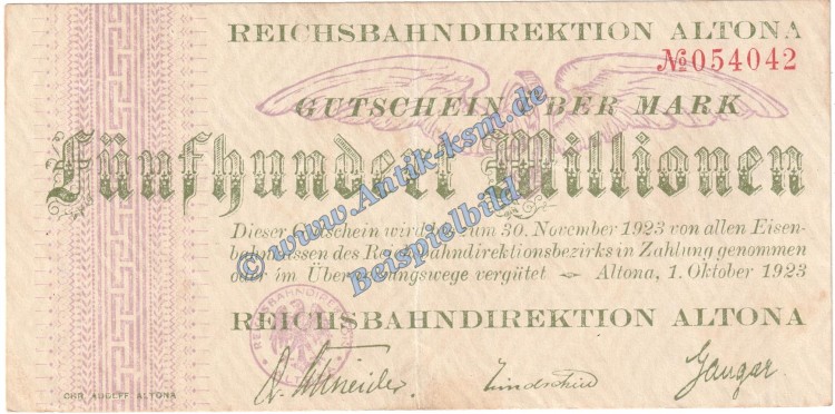 Altona , Banknote 500 Millionen Mark Schein in gbr. Keller 80.i , Schleswig Holstein 1923 Grossnotgeld Inflation