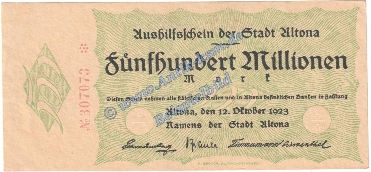 Altona , Banknote 500 Millionen Mark Schein in kfr. Keller 79.g , Schleswig Holstein 1923 Grossnotgeld Inflation