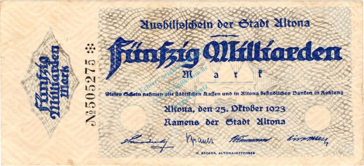 Altona , Banknote 50 Milliarden Mark Schein gbr. Keller 79.h , Schleswig 1923 Inflation