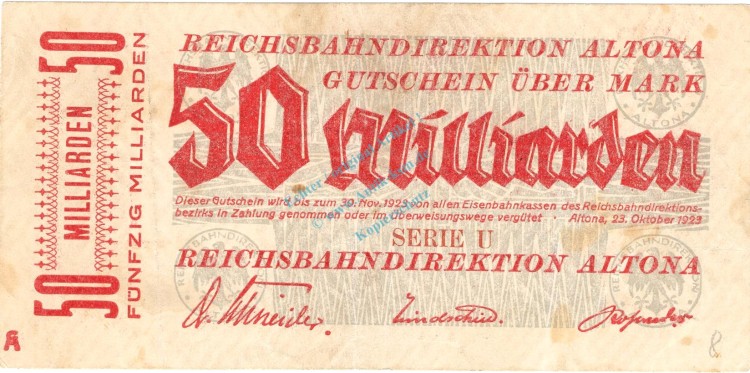 Altona , Banknote 50 Milliarden Mark Schein in gbr. Keller 80.k2 , Schleswig 1923 Inflation