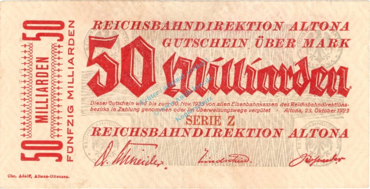 Altona , Banknote 50 Milliarden Mark Schein in gbr. Keller 80.k , Schleswig 1923 Inflation
