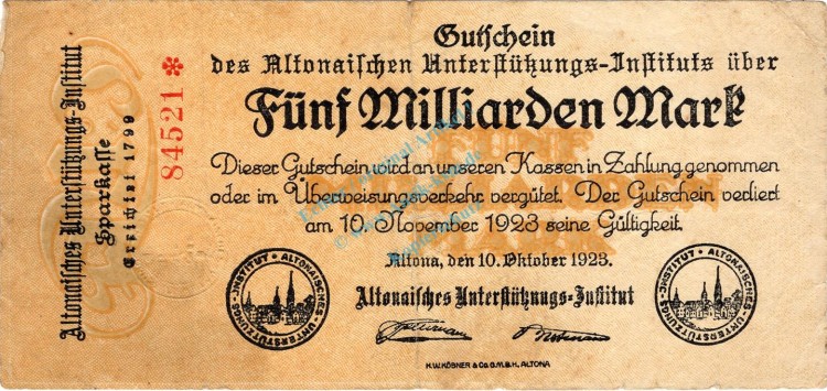 Altona , Banknote 5 Milliarden Mark Schein gbr. Keller 81.d , Schleswig 1923 Inflation
