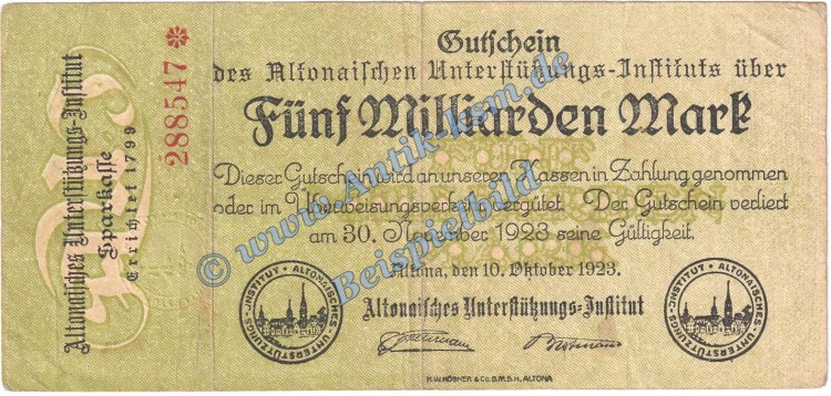 Altona , Banknote 5 Milliarden Mark Schein in gbr. Keller 81.e , Schleswig Holstein 1923 Grossnotgeld Inflation