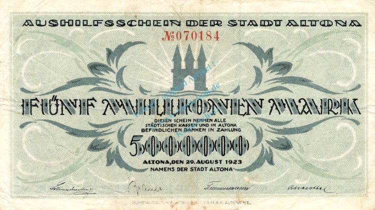 Altona , Banknote 5 Millionen Mark Schein gbr. Keller 79.c-f , Schleswig 1923 Inflation