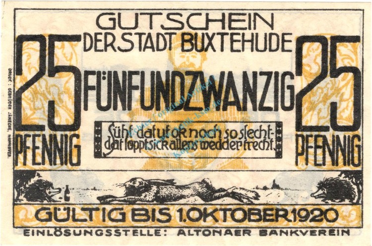 Altona , Notgeld 25 Pfennig Schein unc-kfr. Ti.0080.05.25 , Schleswig o.D. Verkehrsausgabe