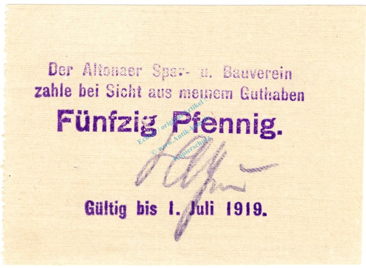 Altona , Notgeld 50 Pfennig Schein unc-kfr. Ti.0080.20.05 , Schleswig 1919 Verkehrsausgabe