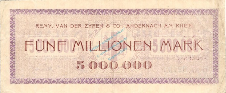 Andernach , Banknote 5 Million Mark Schein in gbr. Keller 99.c , Rheinland 1923 Inflation