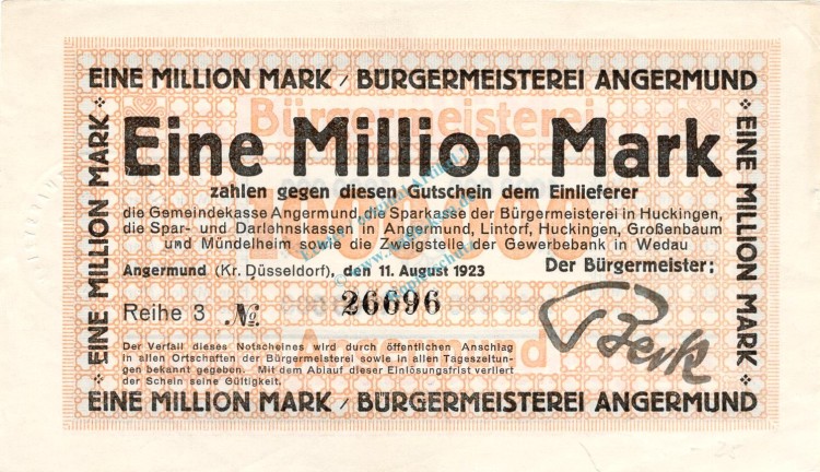 Angermund , Banknote 1 Million Mark unc-kfr. Keller 103.b , Rheinland 1923 Inflation