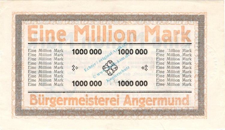 Angermund , Banknote 1 Million Mark unc-kfr. Keller 103.b , Rheinland 1923 Inflation