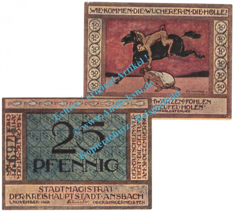 Ansbach , Notgeld Set mit 2 Scheinen -o.Rand- in unc. Tieste 0160.15.20-21 , Bayern 1918 Verkehrsausgabe