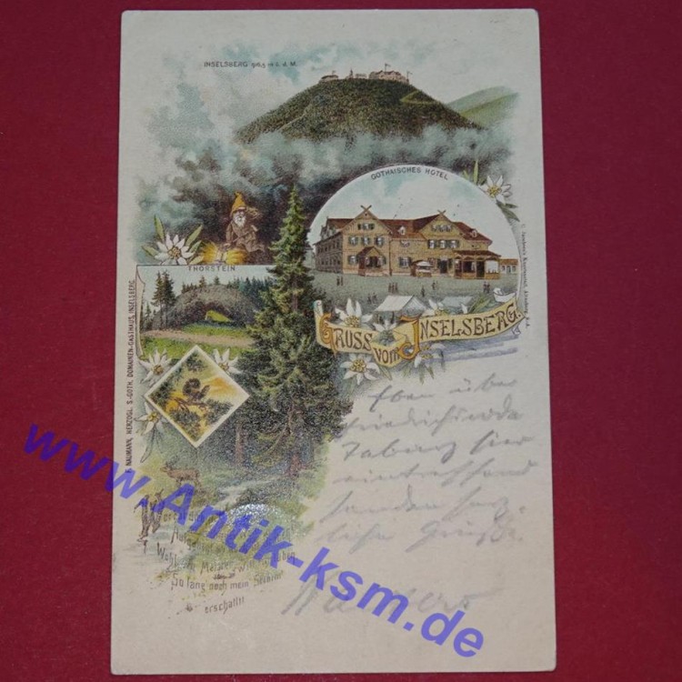 Ansichtskarte , Postkarte Gruss vom inselberg , Thüringen , Motiv Inselberg, Gothaisches Hotel, Thorstein , gelaufen im Jahr 1902 , gute Erhaltung siehe Bilder