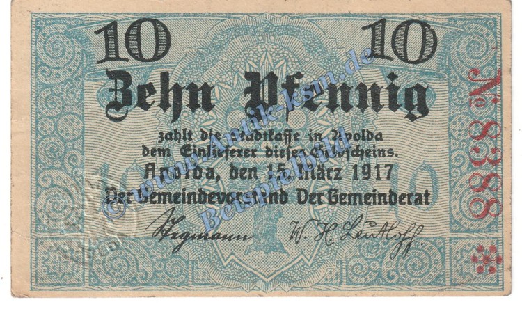 Apolda , Notgeld 10 Pfennig Schein in kfr. Tieste 0185.65.01 , Thüringen 1917 Verkehrsausgabe