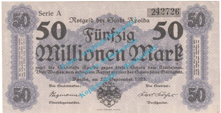 Apolda , Notgeld 50 Millionen Mark Schein in f-kfr. Keller 121.a , Thüringen 1923 Grossnotgeld Inflation