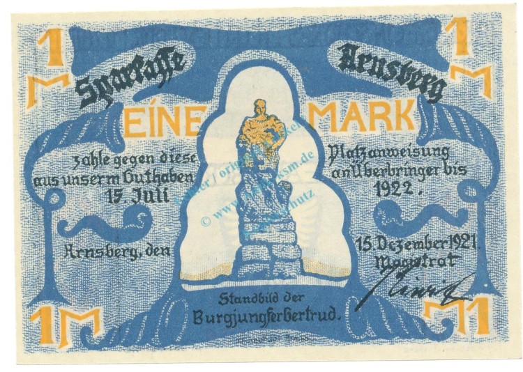 Arnsberg , Notgeld 1 Mark Schein unc-kfr. M-G 42.1 , NRW 1921 Seriennotgeld -5773-