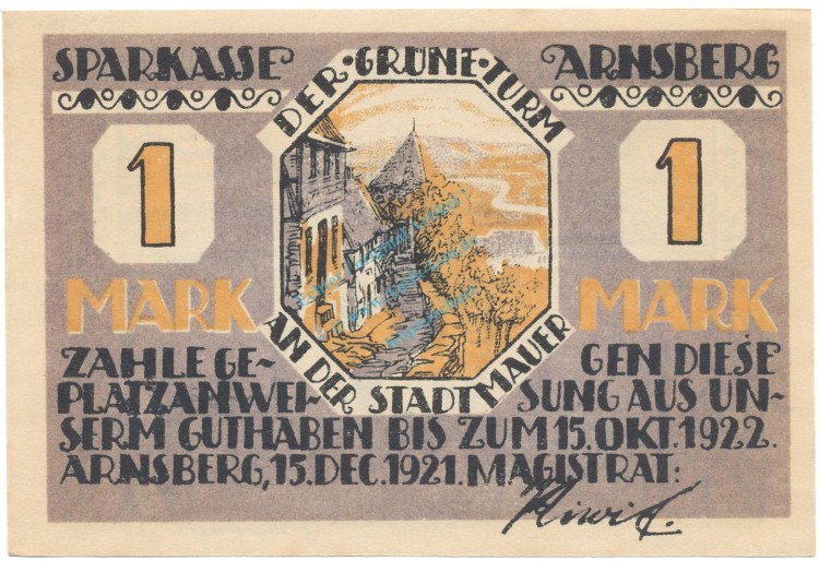 Arnsberg , Notgeld 1 Mark Schein unc-kfr. M-G 42.2 , NRW 1921 Seriennotgeld -5766-