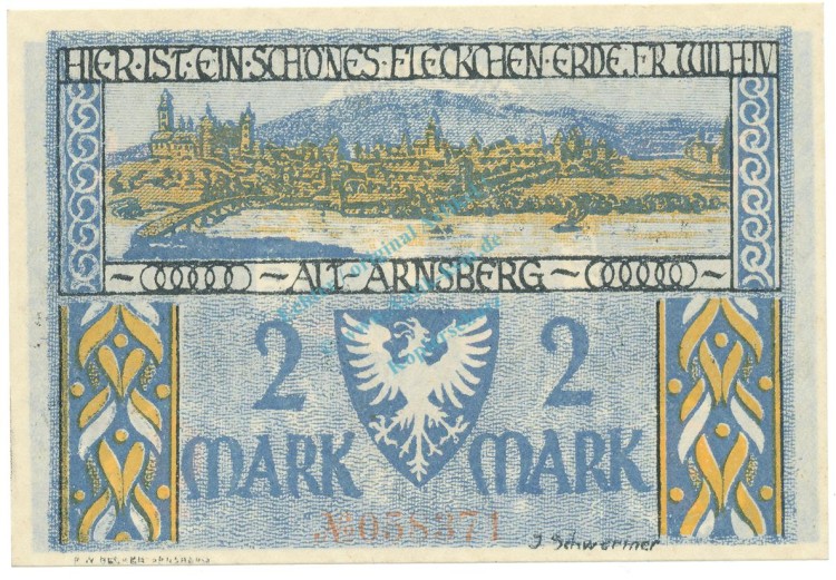 Arnsberg , Notgeld 2 Mark Schein unc-kfr. M-G 42.1 , NRW 1921 Seriennotgeld -5774-