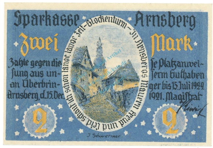 Arnsberg , Notgeld 2 Mark Schein unc-kfr. M-G 42.1 , NRW 1921 Seriennotgeld -5774-